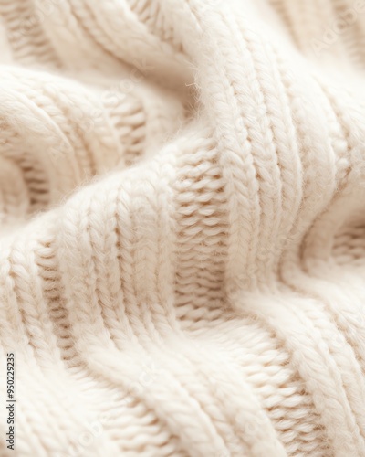 Close-up of soft, textured cream knitted fabric.