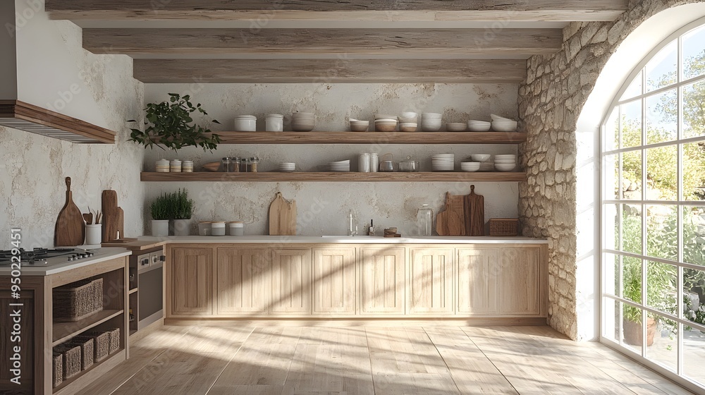 Fototapeta premium Rustic Kitchen with Sunlight Stream: A warm and inviting farmhouse kitchen with wooden beams, open shelving, and a large arched window that floods the space with sunlight. The natural materials and ea
