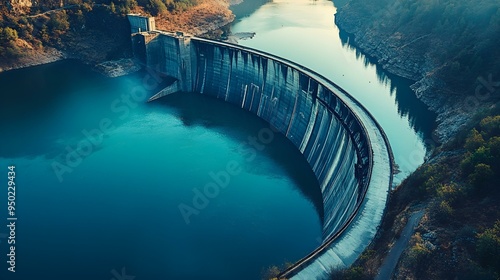 Aerial view of Hoover Dam, a massive concrete arch dam on the Colorado River in the United States, with a stunning landscape of mountains, desert, and sky
