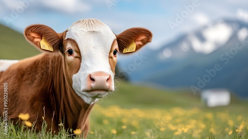 A charming brown and white cow relaxes in a vibrant meadow with mountains in the background, showcasing nature's beauty.