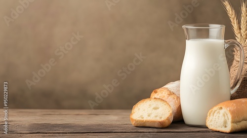 A rustic setup featuring a pitcher of milk, fresh bread, and wheat, perfect for a cozy breakfast or cooking imagery.