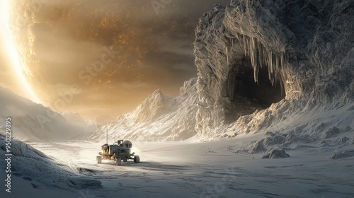 Eerie scene of a robot on Europa frozen surface, Jupiter in the backdrop, and an ice cave dramatically lit by stark, contrasting light.