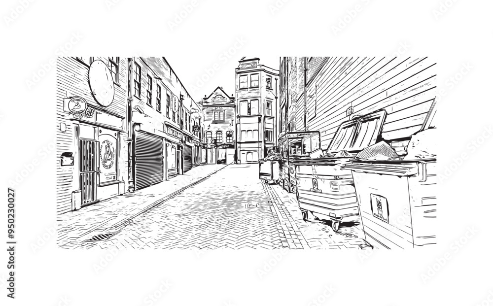 Print Building view with landmark of Hanley is the town in England. Hand drawn sketch illustration in vector. Print Building view with landmark of Hanley is the town in England. Hand drawn sketch illustration in vector.