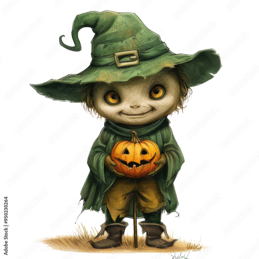Fototapeta premium Adorable Cartoon Witch Holding Pumpkin - Cute Halloween Character in Green Hat and Cloak