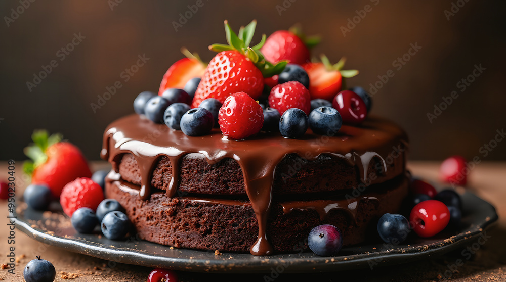 Chocolate cake with strawberries andcherries Chocolate cake with strawberries andcherries