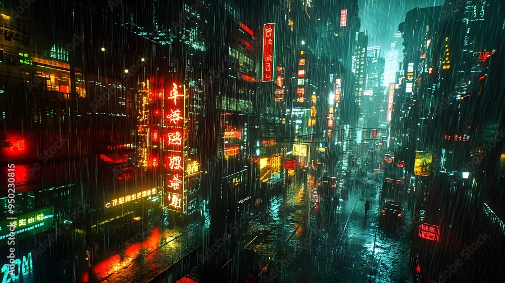Obraz premium A detailed 3D rendering of a cyberpunk city with neon lights and rain-soaked surfaces