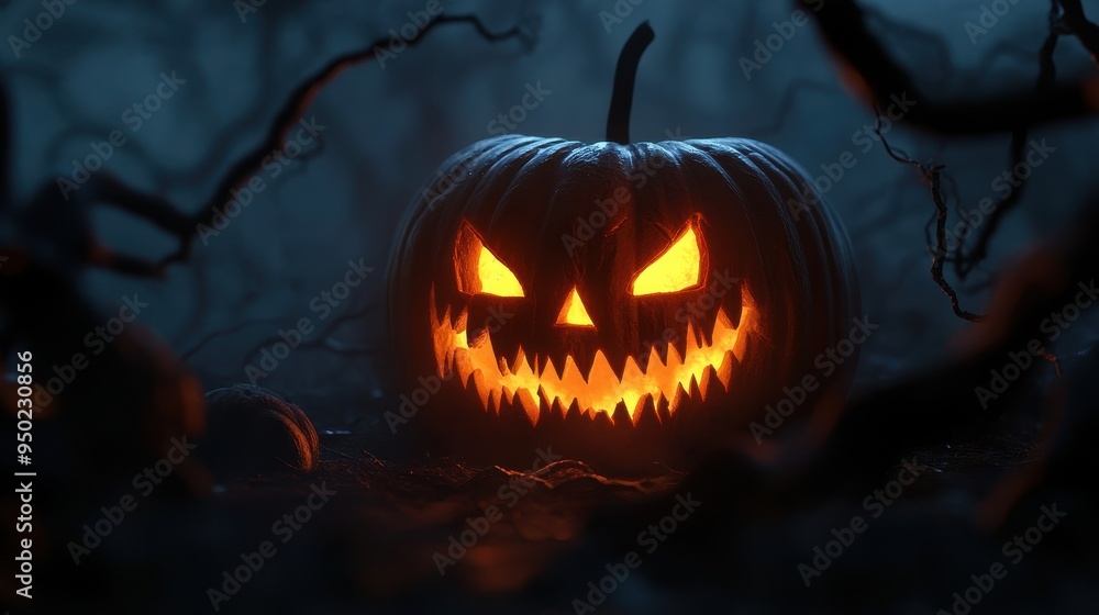 Sinister Glowing Pumpkin in Spooky Night - Halloween Jack-o'-lantern with Eerie Grin Surrounded by Fog and Shadows of Twisted Trees Sinister Glowing Pumpkin in Spooky Night - Halloween Jack-o'-lantern with Eerie Grin Surrounded by Fog and Shadows of Twisted Trees