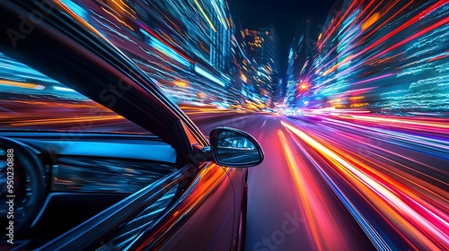 Dynamic night scene of a fast-moving car with city lights blurred in motion.
