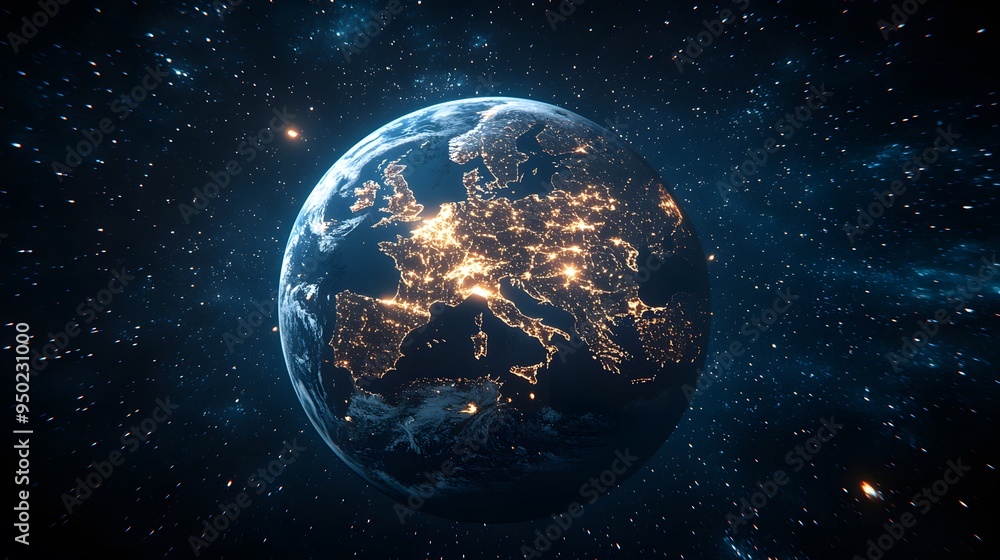 Earth view from space with city lights highlighting Europe at night. Earth view from space with city lights highlighting Europe at night.