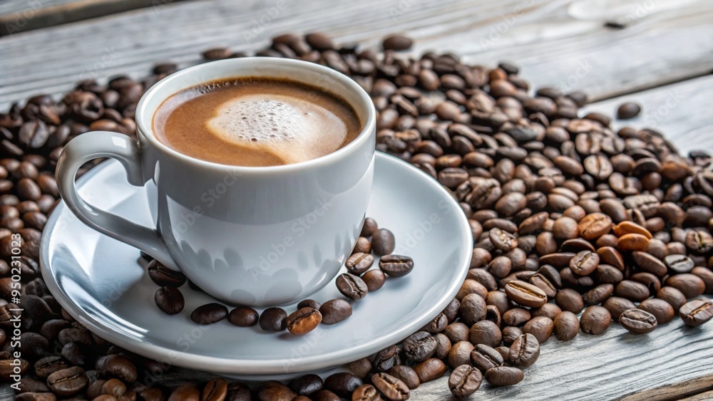coffee cup, hot with crema, coffee beans, top view, advertisement, space for inscription, poster, billboard, calendar coffee cup, hot with crema, coffee beans, top view, advertisement, space for inscription, poster, billboard, calendar