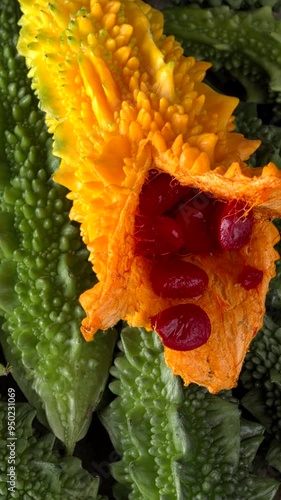 Close-up view of freshly harvested unripe bitter melons (Momordica charantia), on the top one ripe, partially open with red seeds visible. Vertical video. Table spin.