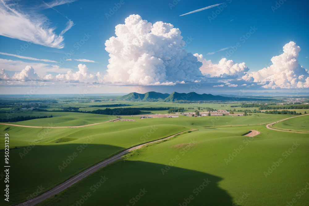 A large cloud is in the sky above a green field A large cloud is in the sky above a green field