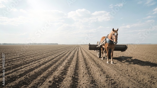 A horse pulls a plow through a freshly tilled field, preparing the land for planting.  The sun shines brightly, casting long shadows.
