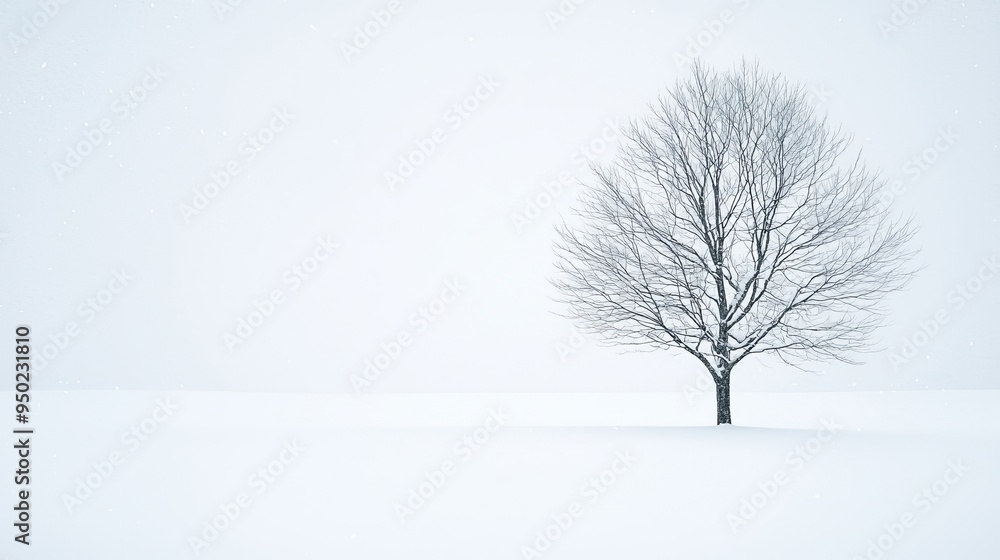 Fototapeta premium A lone tree stands in a snowy field, its branches frosted with white. The background is a soft, muted blue. The image evokes a sense of peace and solitude.