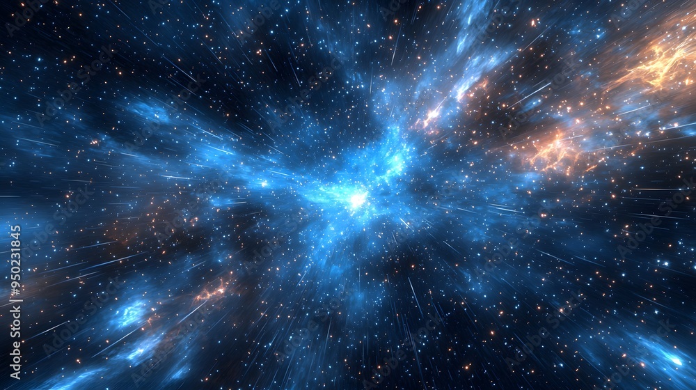 Fototapeta premium Vivid cosmic space scene with swirling blue and orange nebulas.