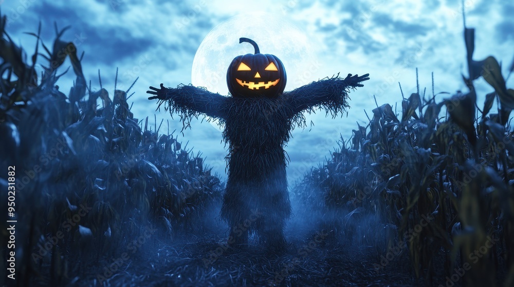 Obraz premium Eerie Halloween Night: Spooky Scarecrow in Moonlit Cornfield with Fog