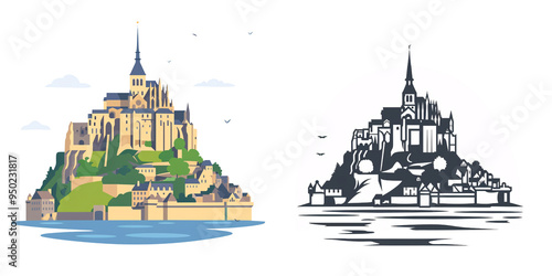 A simple vector icon illustration depicting the group of Mont Saint-Michel for a website isolated white background