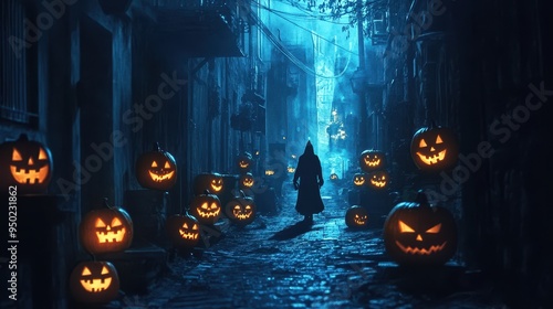 Eerie Halloween Scene in Dark Alley with Glowing Jack-O'-Lanterns and Mysterious Figure in Shadows photo