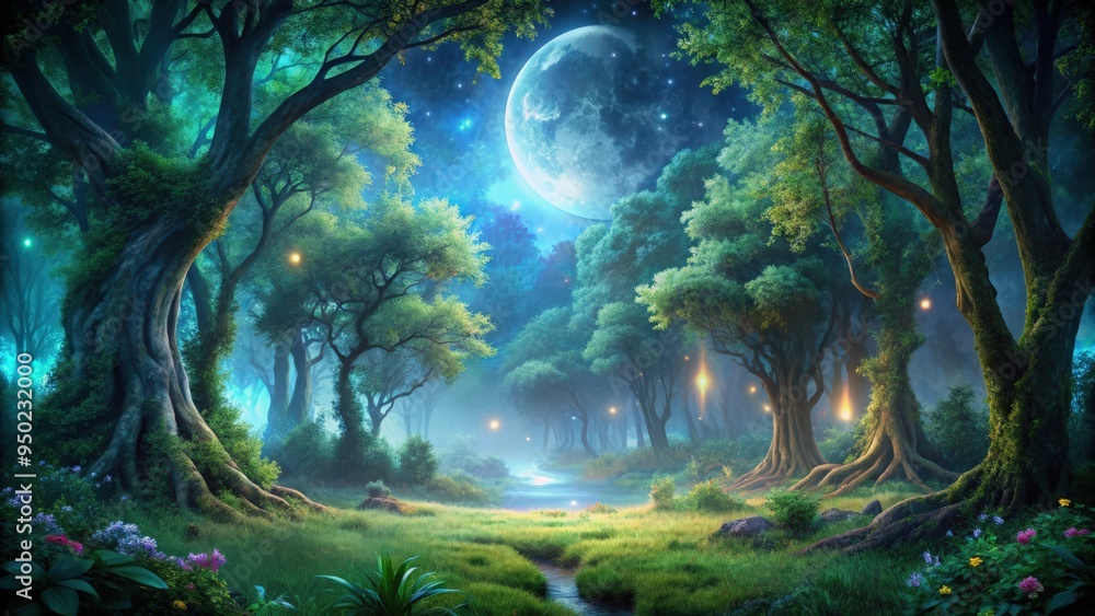 Enchanted forest at night with moonlit trees and lush vegetation ...