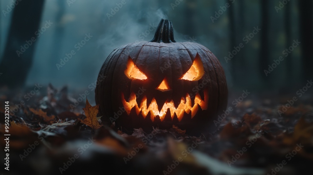 Enchantingly Eerie Halloween Jack-o'-Lantern Amid Misty Autumn Leaves Enchantingly Eerie Halloween Jack-o'-Lantern Amid Misty Autumn Leaves