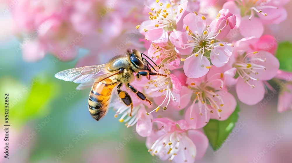 Close-up of a bee pollinating delicate pink flowers in spring. Close-up of a bee pollinating delicate pink flowers in spring.