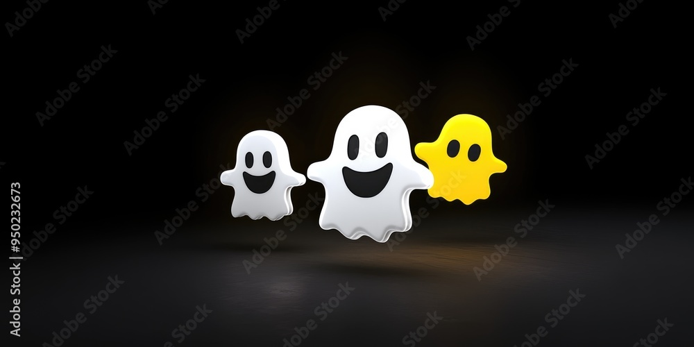 Obraz premium Halloween background, copy space. Cheerful ghost trio floating in mid-air with playful expressions against a dark backdrop, capturing the whimsical spirit of Halloween fun