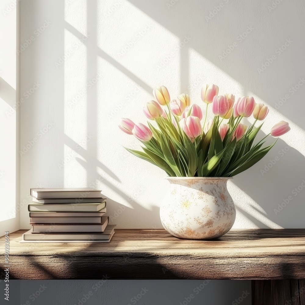 A Charming Wooden Table With a Vase of Pink and Yellow Tulips in Sunlight A Charming Wooden Table With a Vase of Pink and Yellow Tulips in Sunlight