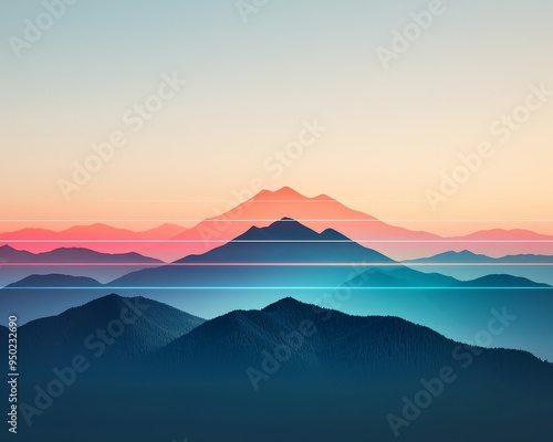 A minimalist, abstract landscape of layered mountains at sunset, with a soft, dreamy color palette.