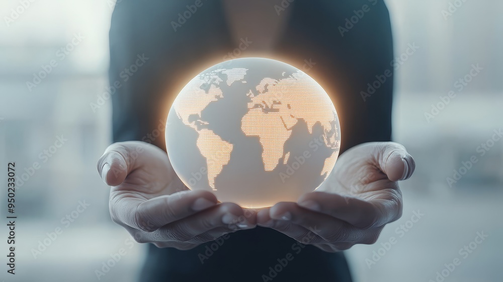 A person holds a glowing globe symbolizing connection, unity, and the importance of taking care of our planet. A person holds a glowing globe symbolizing connection, unity, and the importance of taking care of our planet.