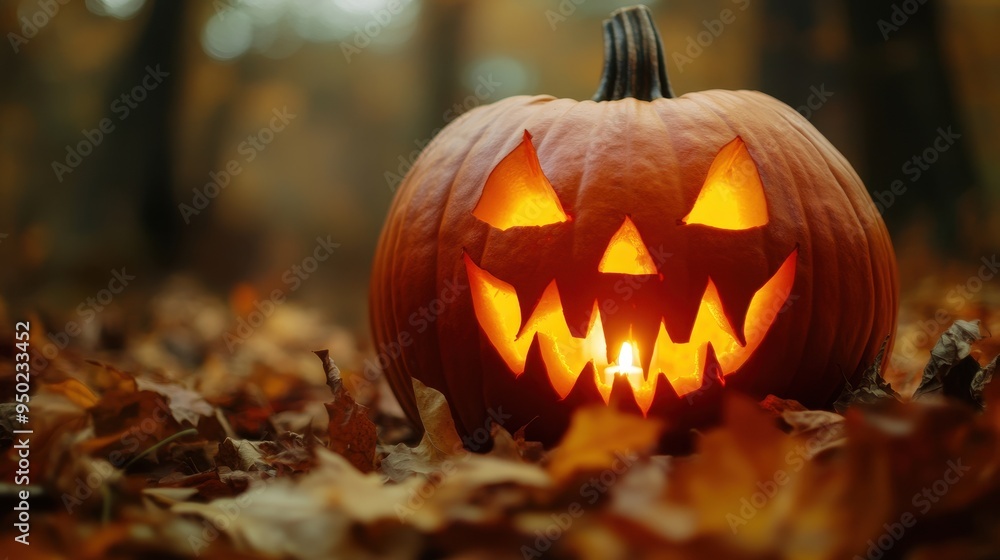 Sinister Carved Pumpkin with Glowing Candle in Autumn Setting Sinister Carved Pumpkin with Glowing Candle in Autumn Setting