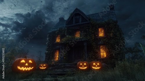 Eerie Haunted House with Glowing Pumpkins on Porch under Cloudy Night Sky