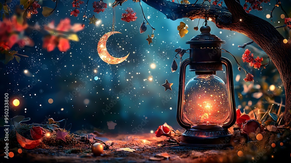 An enchanted forest night, illuminated by a lantern, moon, and sparkling stars. An enchanted forest night, illuminated by a lantern, moon, and sparkling stars.