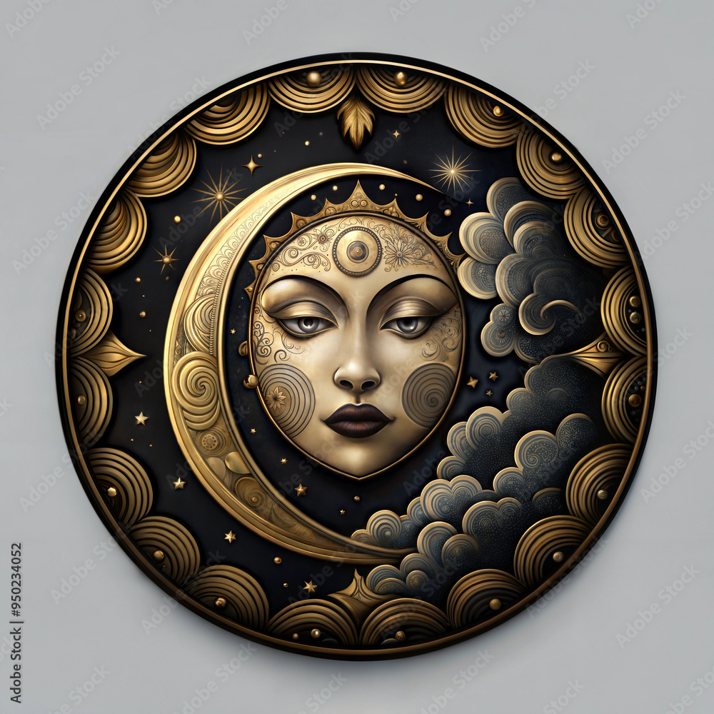 Print for t-shirt . Artistic moon face with intricate patterns and clouds in a decorative round frame