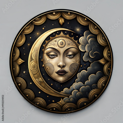 Obraz na płótnie Print for t-shirt . Artistic moon face with intricate patterns and clouds in a decorative round frame w salonie