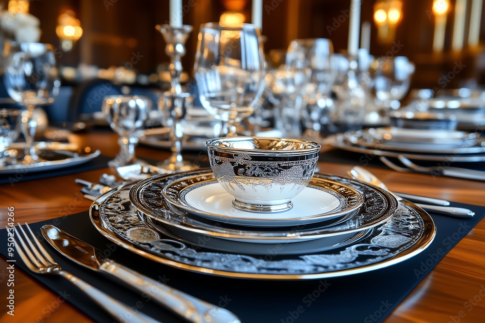 Antiques in a grand dining room, illustrated with a table set for a formal dinner, complete with silver candlesticks, fine china, and crystal glasses Antiques in a grand dining room, illustrated with a table set for a formal dinner, complete with silver candlesticks, fine china, and crystal glasses