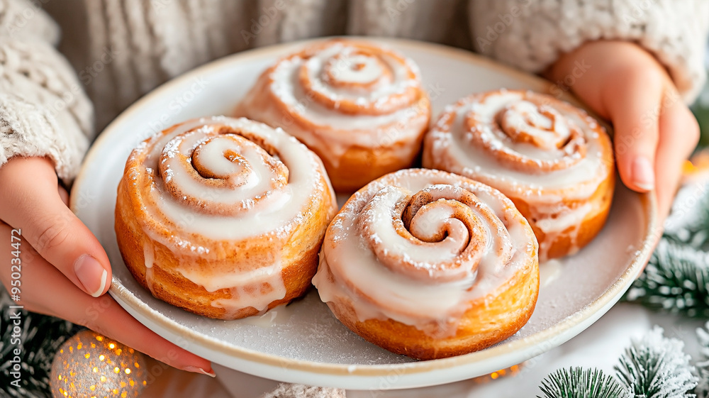 Woman holding cinnamon buns with icing for Christmas dessert. Woman holding cinnamon buns with icing for Christmas dessert.