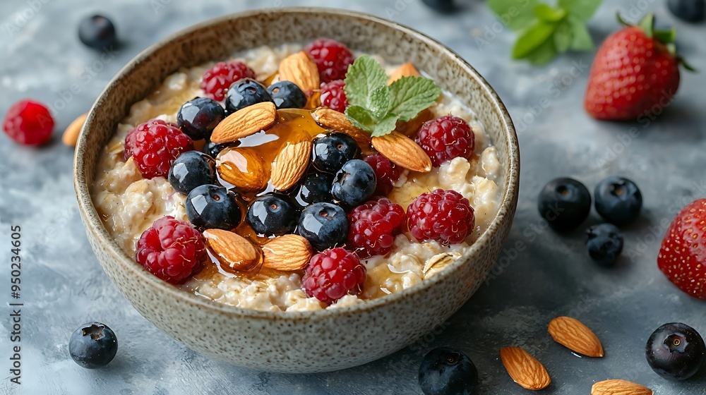 Creamy oatmeal topped with berries, almonds, and a drizzle of honey. Creamy oatmeal topped with berries, almonds, and a drizzle of honey.