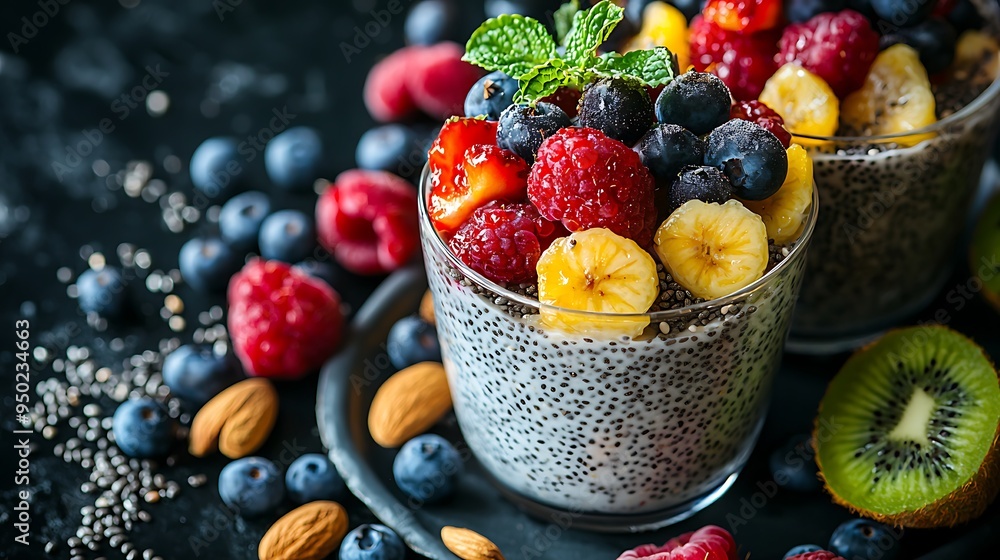 Chia pudding topped with berries, banana slices, and kiwi for a refreshing treat. Chia pudding topped with berries, banana slices, and kiwi for a refreshing treat.