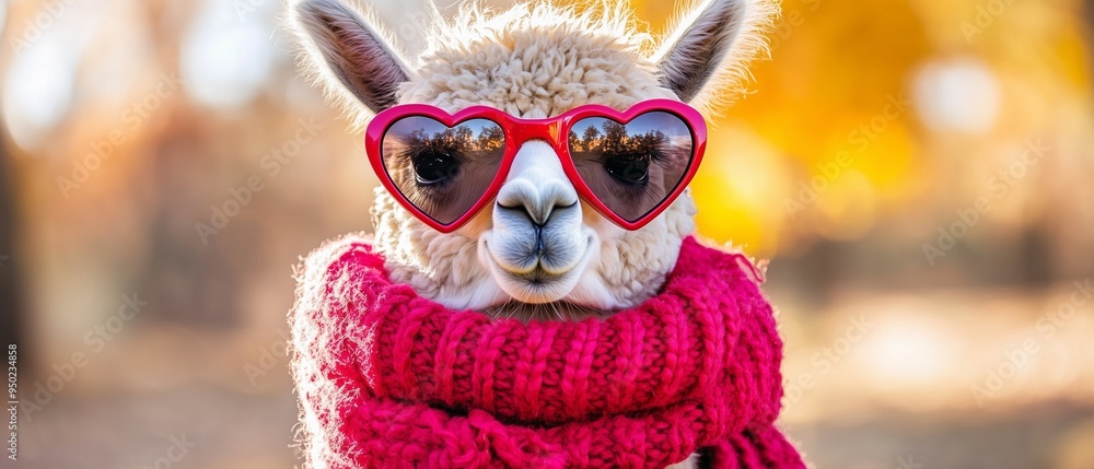 Funny alpaca with heart-shaped glasses and a scarf. Llama. Funny alpaca with heart-shaped glasses and a scarf. Llama.