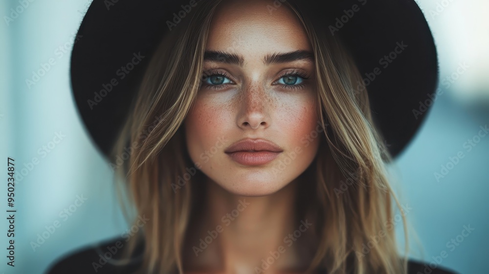 A close-up portrait of an elegant woman with stunning blue eyes, wearing a stylish black hat, exuding grace and poise with her captivating and chic appearance perfect for stock photo.