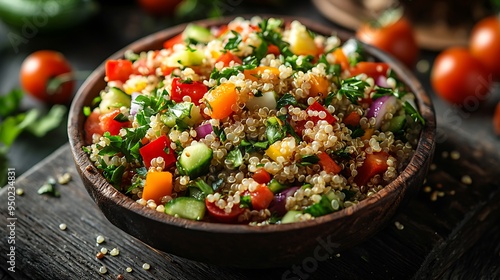 A wholesome quinoa salad with fresh vegetables, presented in a wooden bowl.