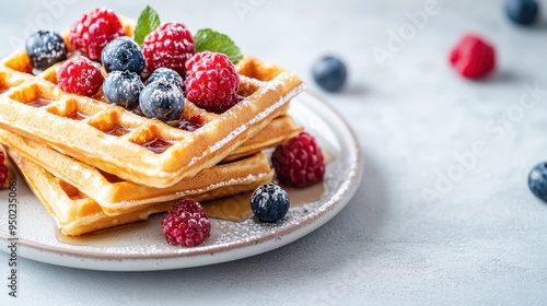 A plate of stack waffles topped with fresh raspberries, blueberries, mint leaves, dusted with powdered sugar, and drizzled with syrup, set on a light background.