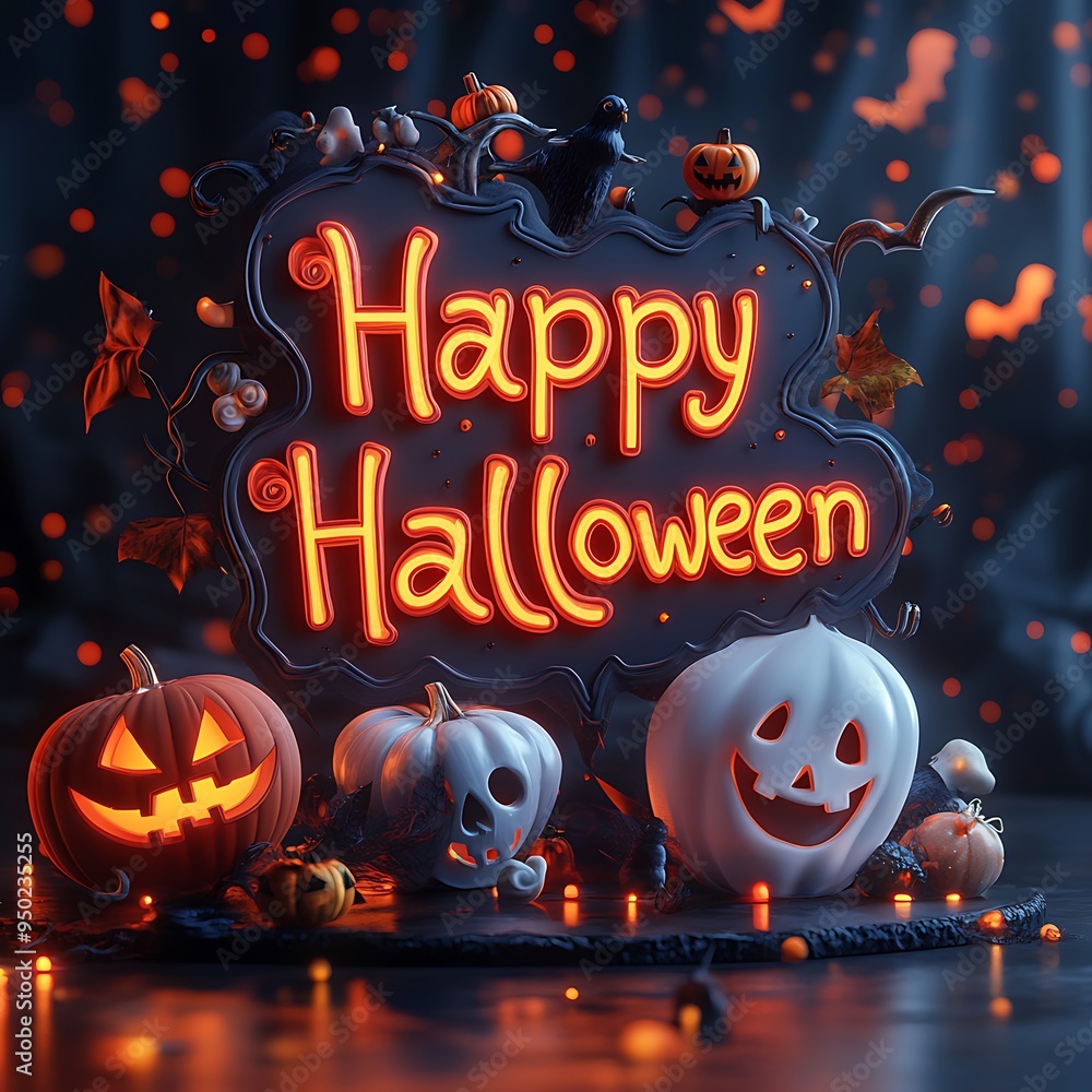 Festive Halloween night scene with illuminated pumpkins, spooky decor, and a glowing 'Happy Halloween' sign. Perfect for celebrating the spooky season. Festive Halloween night scene with illuminated pumpkins, spooky decor, and a glowing 'Happy Halloween' sign. Perfect for celebrating the spooky season.