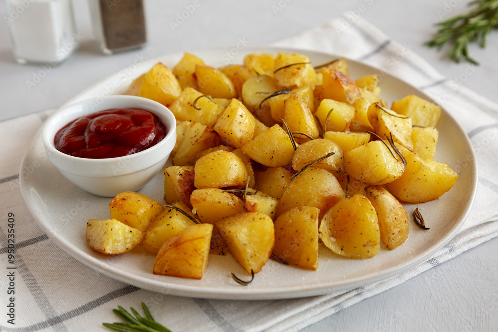 Homemade Oven Roasted Potatoes with Ketchup on a Plate, side view. Homemade Oven Roasted Potatoes with Ketchup on a Plate, side view.
