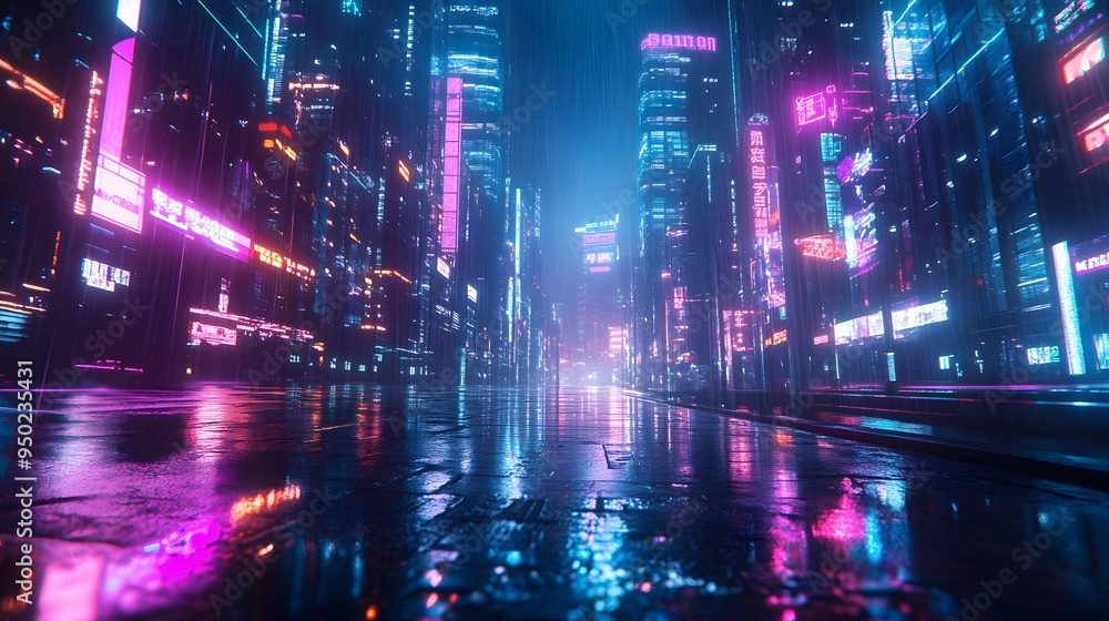 A futuristic cityscape at night with neon accents and glowing reflections on wet pavement A futuristic cityscape at night with neon accents and glowing reflections on wet pavement