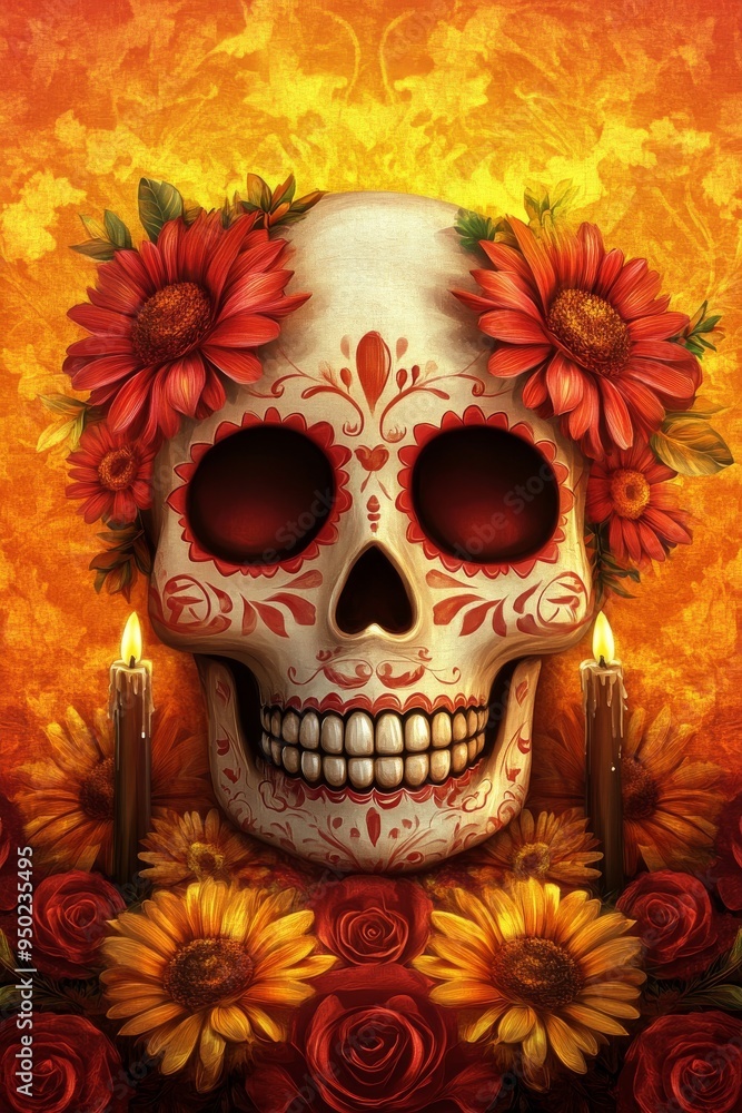 Sugar Skull with Floral Wreath and Candles: A vibrant and intricate sugar skull adorned with a beautiful floral wreath, surrounded by candles and sunflowers, celebrates the beauty and traditions. Sugar Skull with Floral Wreath and Candles: A vibrant and intricate sugar skull adorned with a beautiful floral wreath, surrounded by candles and sunflowers, celebrates the beauty and traditions.
