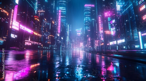 A futuristic cityscape at night with neon accents and glowing reflections on wet pavement