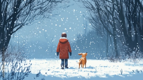 Child walking a dog in a winter snowy park. Vector illustration, cartoon image.