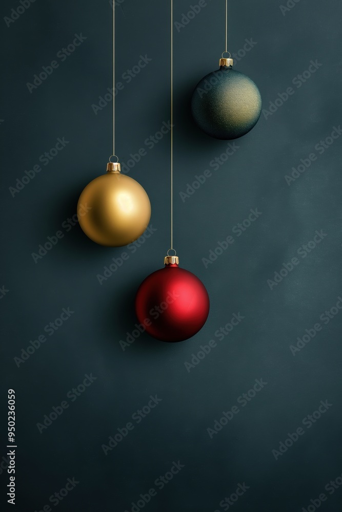 Three hanging Christmas baubles on dark background, gold, red and green Three hanging Christmas baubles on dark background, gold, red and green