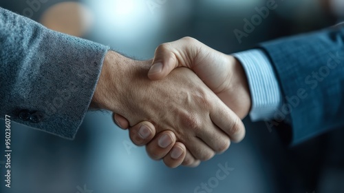 A close-up shot of two professionals wearing suits engaging in a handshake, symbolizing a successful business agreement or partnership in a professional setting. photo